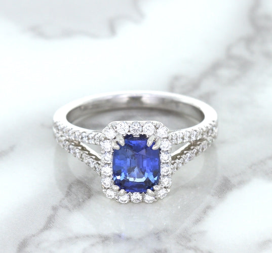 1.43ct Cushion Blue Sapphire Ring with Diamond Halo in 18K White Gold