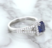Load image into Gallery viewer, 1.43ct Cushion Blue Sapphire Ring with Diamond Halo in 18K White Gold
