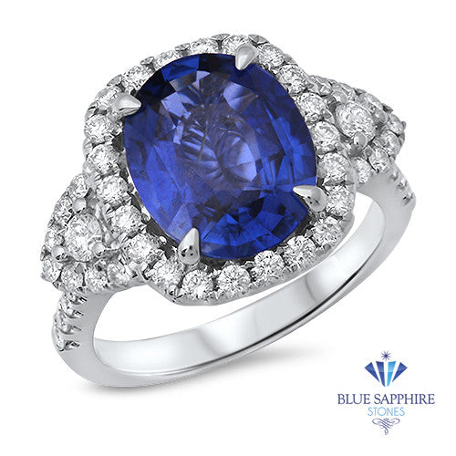 4.19ct Oval Blue Sapphire Ring with Diamond Halo in 18K White Gold