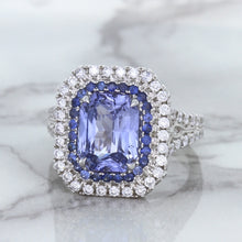 Load image into Gallery viewer, 4.33ct Radiant Cut Blue Sapphire Ring with Sapphire and Diamond Halos in 18K White Gold
