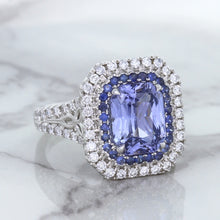 Load image into Gallery viewer, 4.33ct Radiant Cut Blue Sapphire Ring with Sapphire and Diamond Halos in 18K White Gold
