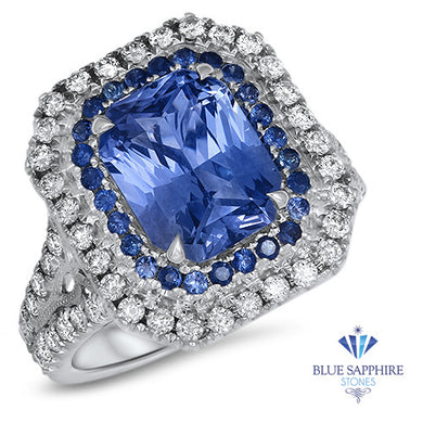 4.33ct Radiant Cut Blue Sapphire Ring with Sapphire and Diamond Halos in 18K White Gold