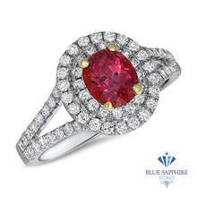 Load image into Gallery viewer, 1.49ct Oval Ruby Ring with Double Diamond Halo in 18K White Gold
