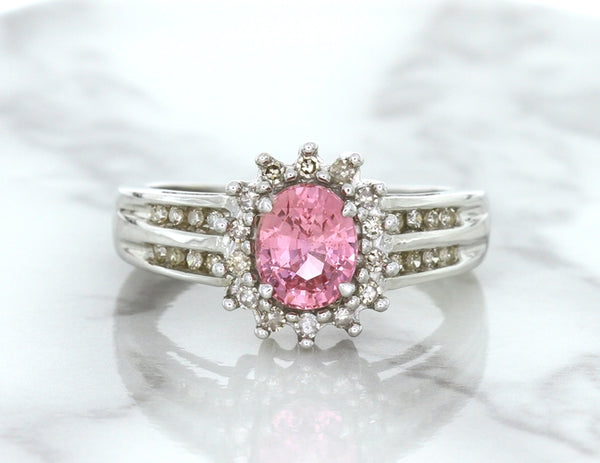 1.40ct Oval Pink Sapphire Ring with Diamond Halo in 14K White Gold