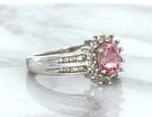 Load image into Gallery viewer, 1.40ct Oval Pink Sapphire Ring with Diamond Halo in 14K White Gold
