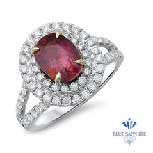 Load image into Gallery viewer, 2.68ct Oval Ruby Ring with Double  Diamond Halo in 18K White Gold
