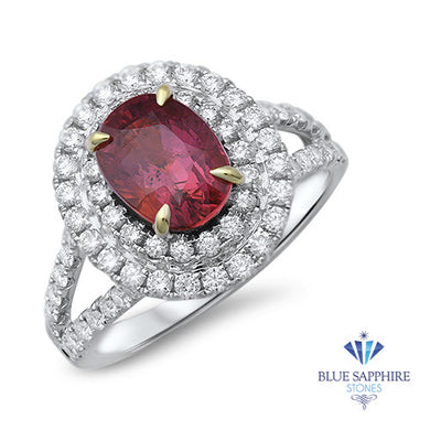 2.68ct Oval Ruby Ring with Double  Diamond Halo in 18K White Gold