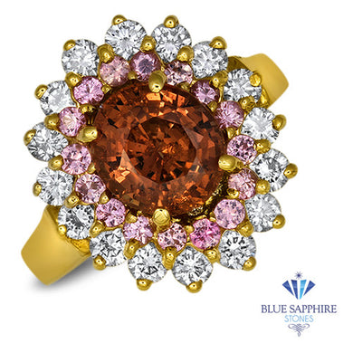 2.55ct Oval Orange Sapphire Ring with Sapphire and Diamond halo in 18K Yellow Gold