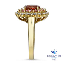 Load image into Gallery viewer, 2.55ct Oval Orange Sapphire Ring with Sapphire and Diamond halo in 18K Yellow Gold
