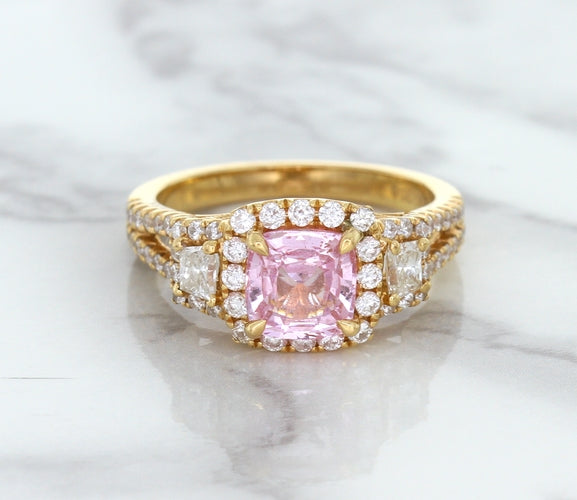 2.08ct Square Cushion Padparadscha Ring with Diamond Halo in 18K Rose Gold