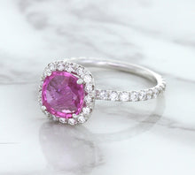 Load image into Gallery viewer, 1.72ct Cushion Pink Sapphire Ring with Diamond Halo  in 18K White Gold
