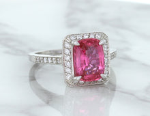 Load image into Gallery viewer, 2.79ct Cushion Pink Sapphire Ring with Diamond Halo in 18K White Gold
