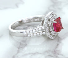 Load image into Gallery viewer, 1.50ct Princess Pink Sapphire Ring with Double Diamond Halo in 14K White Gold
