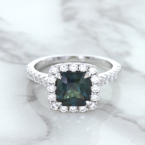 2.56ct Radiant Cut Unheated Green Sapphire Ring with Diamond Halo in 18K White Gold