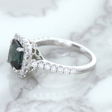 Load image into Gallery viewer, 2.56ct Radiant Cut Unheated Green Sapphire Ring with Diamond Halo in 18K White Gold
