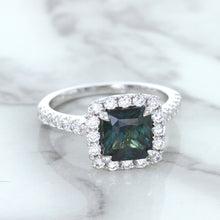 Load image into Gallery viewer, 2.56ct Radiant Cut Unheated Green Sapphire Ring with Diamond Halo in 18K White Gold
