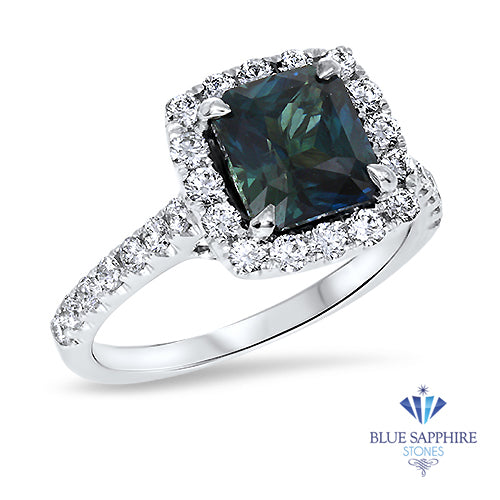 2.56ct Radiant Cut Unheated Green Sapphire Ring with Diamond Halo in 18K White Gold