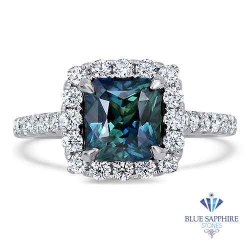 2.56ct Radiant Cut Unheated Green Sapphire Ring with Diamond Halo in 18K White Gold