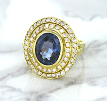 Load image into Gallery viewer, 4.23ct Oval Blue Spinel Ring with Double Diamond Halo in 14K Yellow Gold
