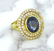 Load image into Gallery viewer, 4.23ct Oval Blue Spinel Ring with Double Diamond Halo in 14K Yellow Gold
