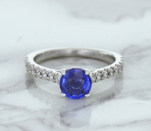 1.01ct Round Blue Sapphire Ring with Diamond Accents in 14K White Gold