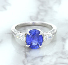 Load image into Gallery viewer, 2.88ct Oval Blue Sapphire Ring with Diamond Accents in 18K White Gold
