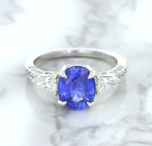 2.88ct Oval Blue Sapphire Ring with Diamond Accents in 18K White Gold
