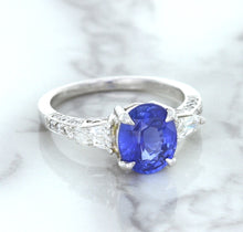 Load image into Gallery viewer, 2.88ct Oval Blue Sapphire Ring with Diamond Accents in 18K White Gold

