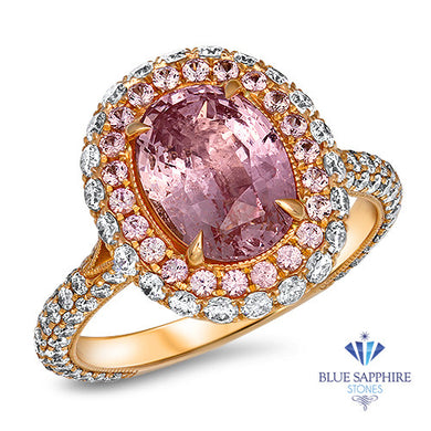 3.11ct Oval Padparadscha Ring with Sapphire and Diamond Halo in 18K Rose Gold