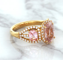 Load image into Gallery viewer, Three Stone Padparadscha Ring with Diamond Halo in 18K Rose Gold
