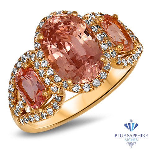 Three Stone Padparadscha Ring with Diamond Halo in 18K Rose Gold