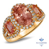Three Stone Padparadscha Ring with Diamond Halo in 18K Rose Gold