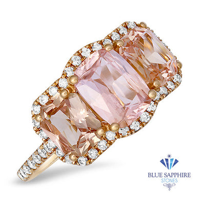 3.04ctw Three Stone Padparadscha Ring with Diamond Halo in 18K Rose Gold