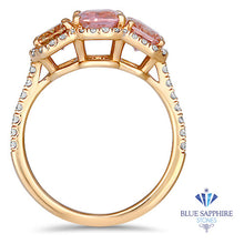 Load image into Gallery viewer, 3.04ctw Three Stone Padparadscha Ring with Diamond Halo in 18K Rose Gold
