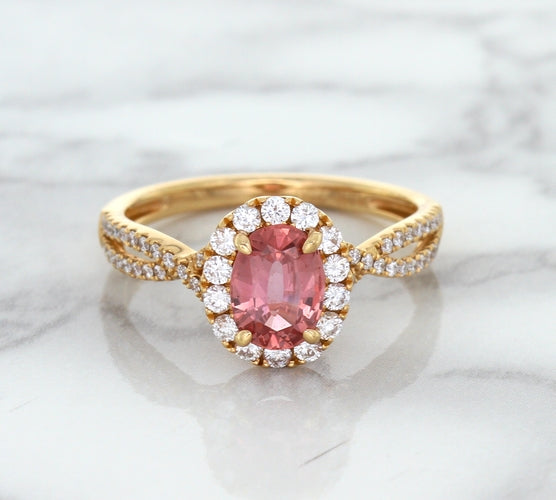 1.08ct Oval Padparadscha Ring with Diamond Halo in 18K Rose Gold
