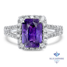 Load image into Gallery viewer, 4.49ct Cushion Purple Sapphire Ring with Diamond Halo in 18K White Gold
