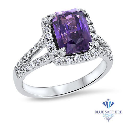 4.49ct Cushion Purple Sapphire Ring with Diamond Halo in 18K White Gold
