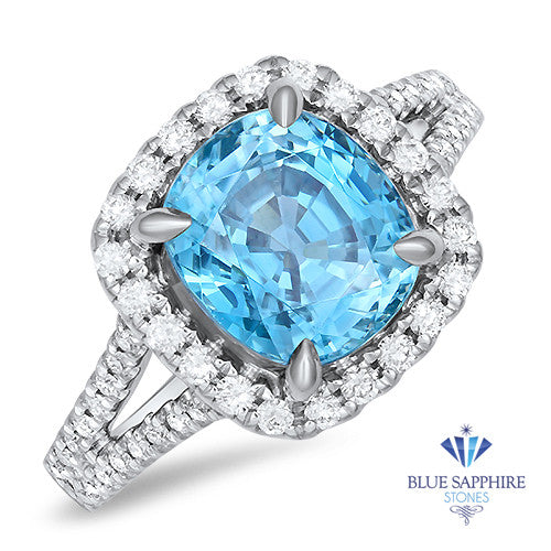 5.04ct. Cushion Zircon Ring with Diamond Halo in 18K White Gold
