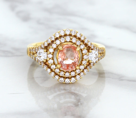 1.01ct Oval Padparadscha Ring with Double Diamond Halo in 18K Rose Gold