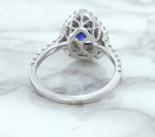 Load image into Gallery viewer, 1.48ct Pear Blue Sapphire Ring with Double Diamond Halo in 18K White Gold
