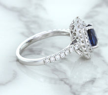Load image into Gallery viewer, 1.48ct Pear Blue Sapphire Ring with Double Diamond Halo in 18K White Gold
