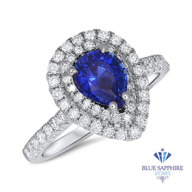 1.48ct Pear Blue Sapphire Ring with Double Diamond Halo in 18K White Gold