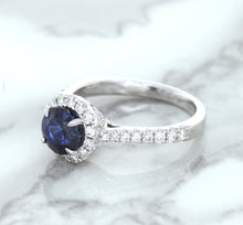 Load image into Gallery viewer, 1.82ct Round Blue Sapphire Ring with Diamond Halo in 18K White Gold
