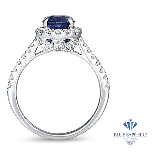 1.82ct Round Blue Sapphire Ring with Diamond Halo in 18K White Gold