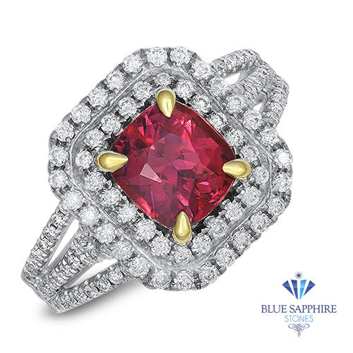 2.00ct Cushion Ruby Ring with Double Diamond Halo in 18K White Gold