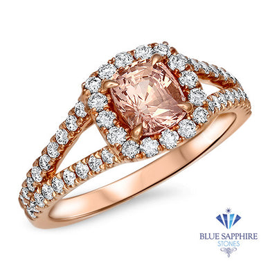 1.23ct. Cushion Padparadscha Ring with Diamond Halo in 18K Rose Gold