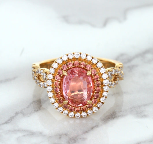2.07ct. Oval Padparadscha Ring with Sapphire and Diamond Halo in 18K Rose Gold