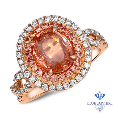 2.35ct. Oval Padparadscha Ring with Diamond Halo in 18K Rose Gold