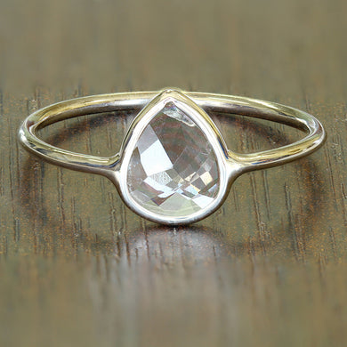 0.84ct. Pear White Sapphire Ring in 14K Yellow Gold