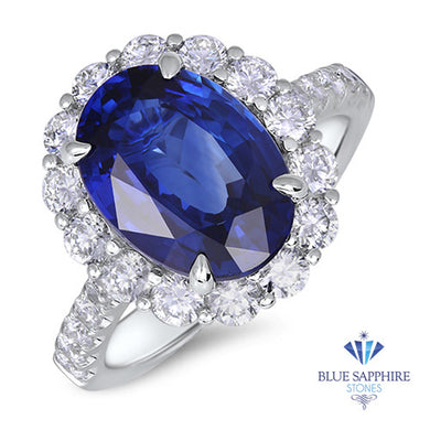 4.79ct. Oval Blue Sapphire Ring with Diamond Halo in 18K White Gold